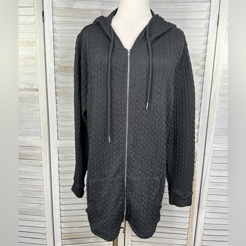 BLOOMCHIC Women's Textured Knit Full Zip Hoodie Black-(14-16)